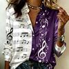 Women Satin Musical Note Score Print Color Block Shirt Long Sleeve Lapel Button‑Down Blouse Elegant Art Music Theme Casual Ladies Multi‑Color Top