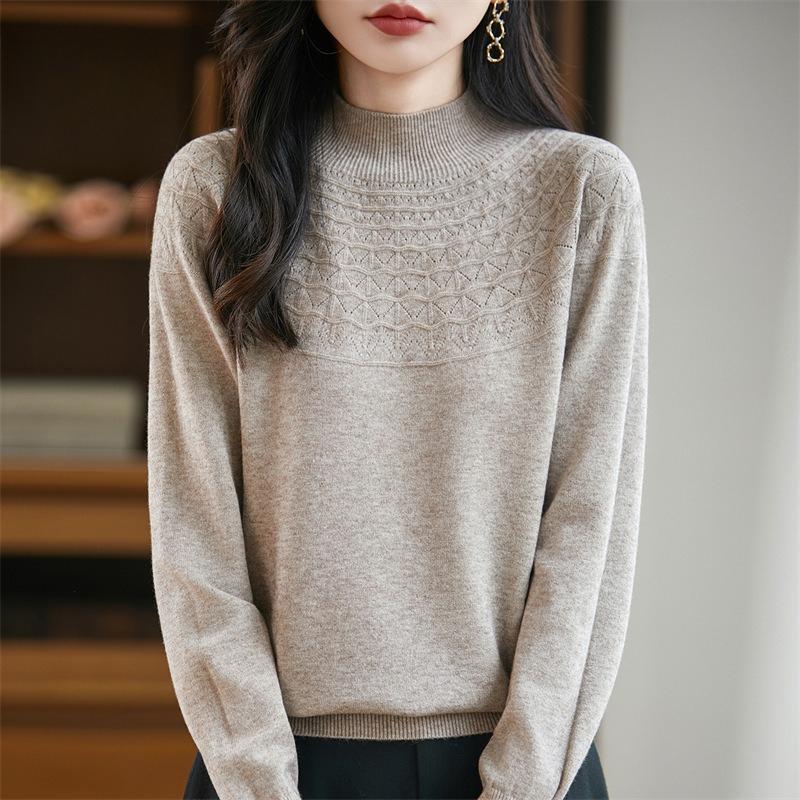 A New Style of Women's Autumn and Winter Hollowed-out Knitted Sweater Paired with A Base Layer A Pullover Long-sleeved and Semi-high-neck Sweater