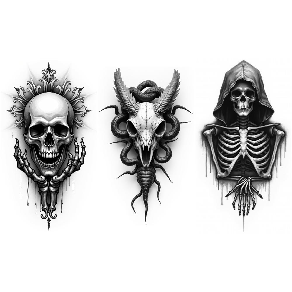 3pcs Temporary Tattoo Waterproof Long-lasting Body Stickers Skull With Frame Pocket Watch With Roses Skull With Roses For Men