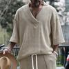 Men T-shirt V-Neck Short Sleeve Twist Jacquard Texture Tee Shirt Solid Color Loose Fit Summer Knitting Tops