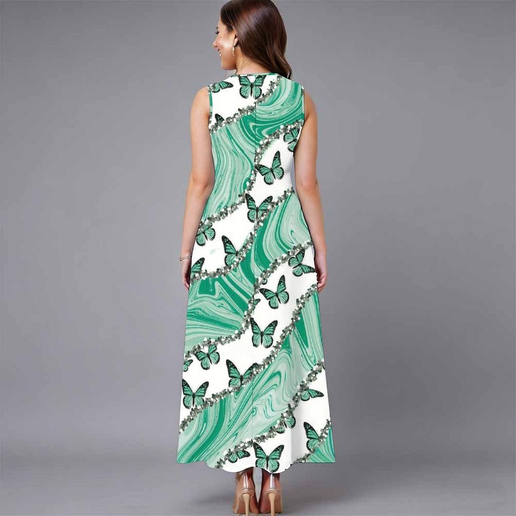 Women Plus Size Sleeveless Crew Neck Dress Soft Watercolor Floral Branches Flowy Mid Calf Gown