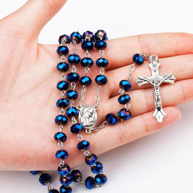 Rosary Beads Necklace with Jesus Crucifix Catholic Prayer Gifts Cross Rosary for Men and Womens