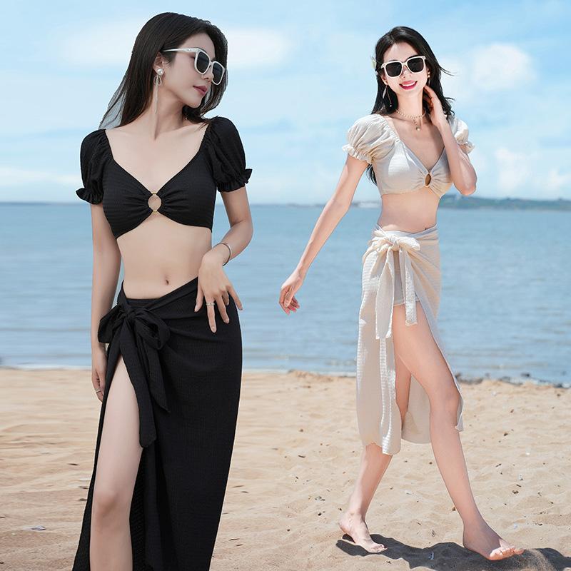 Ins Pure Desire Style Simple Sexy Split Three-piece Swimsuit Female Thai Temperament White Beach Vacation Bikini
