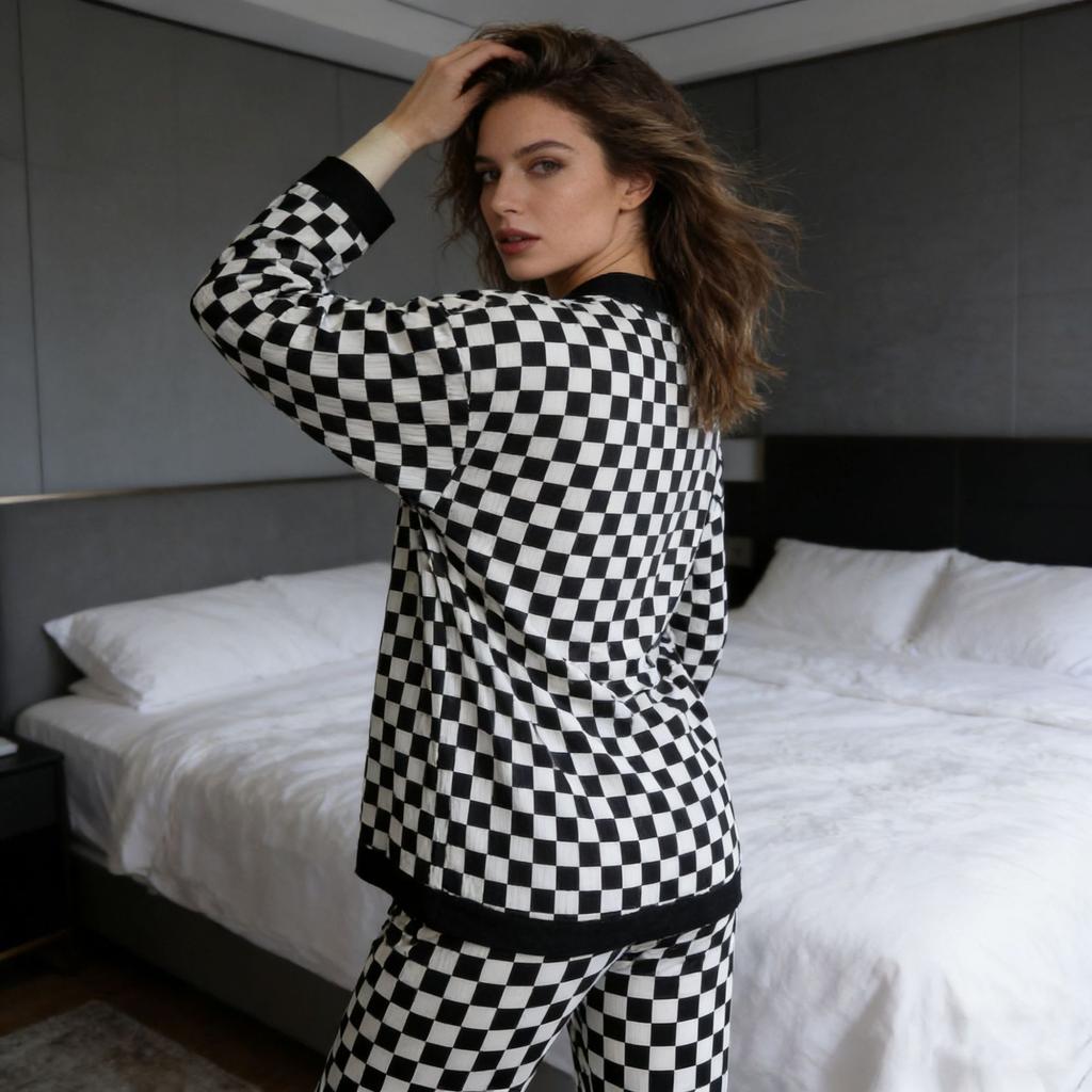 Pajama Set with Checkered Print for Home Wear