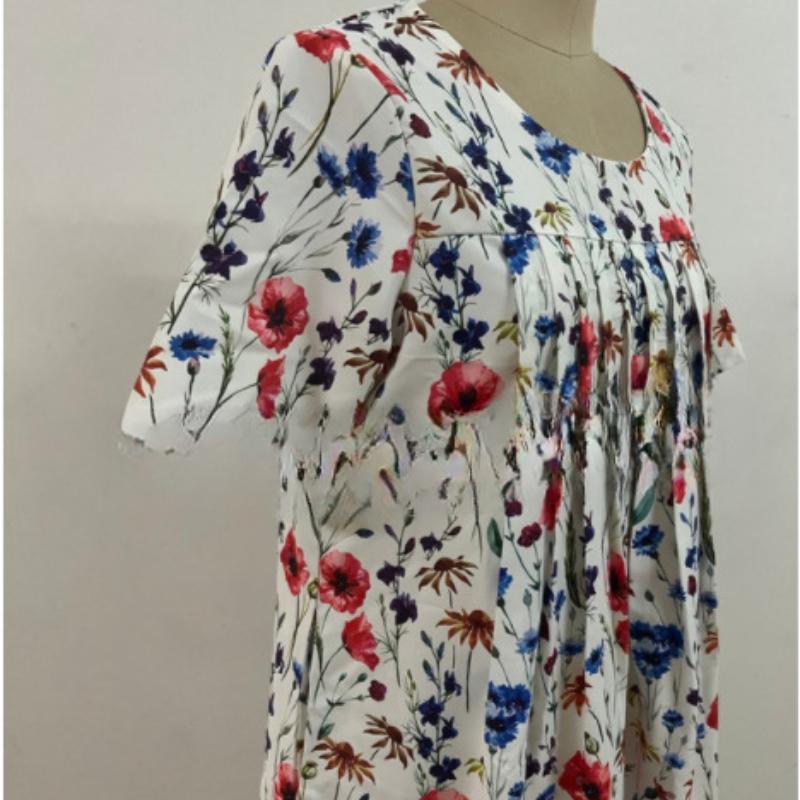 Frühlings- und Sommer-Freizeitkleider mit Druck für Damen in Übergröße Rundhals Kurzarm Locker Langes Kleid Damen Elegant Vintage Slim A-Linie Blumenkleid 26355