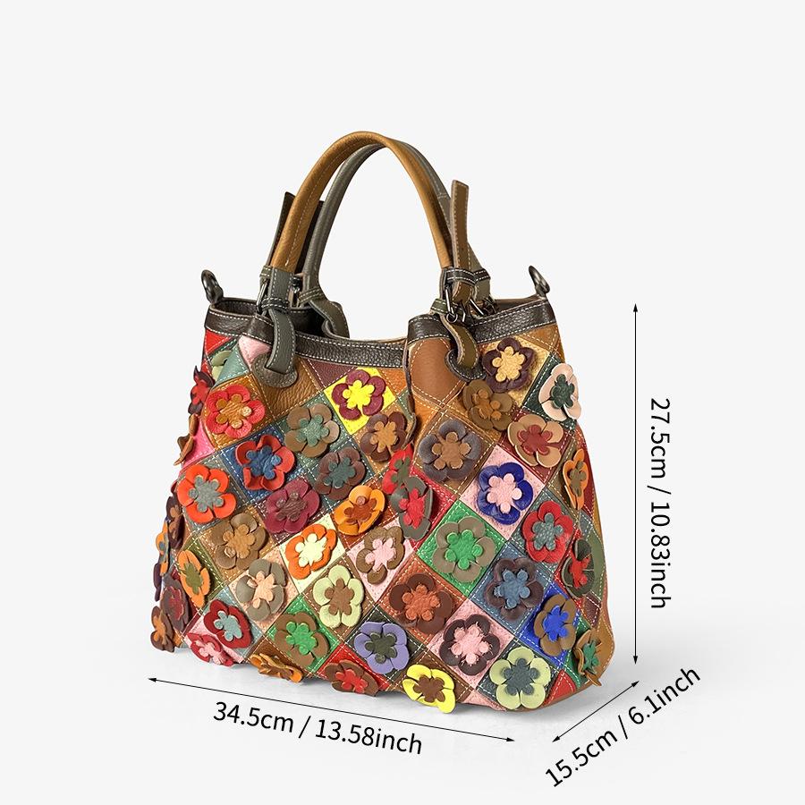 Boho Trendy Kožená Taška Přes Rameno Květinová Volnočasová Všestranná Crossbody Dámská Taška Velká Kapacita Splicovaná Kůže Do Práce