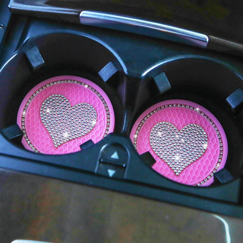 2pcs Car Coaster Diamond Heart Shape Water Cup Bottle Holder Anti-slip Pad Silica Gel Waterproof Mat Car Interior
