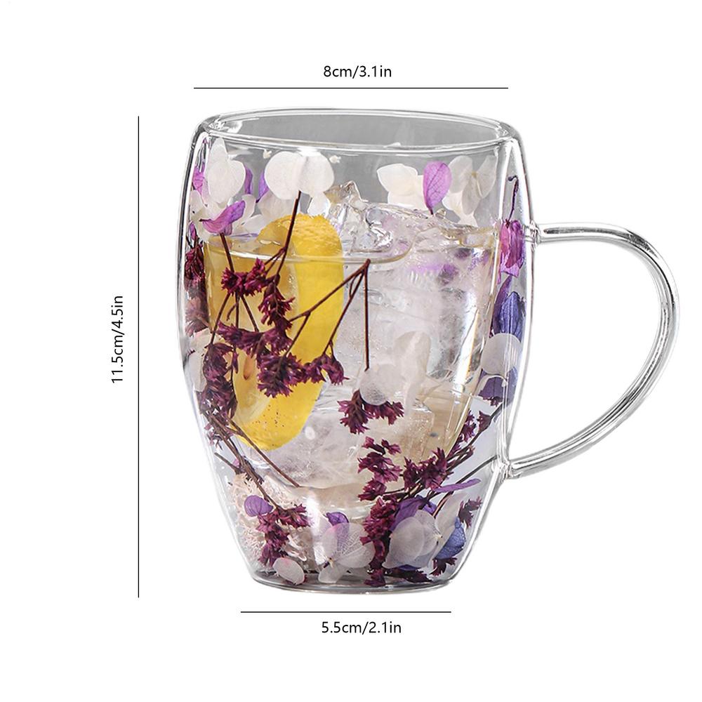 Dried Flower Double Walled Glass Mug 350ml Coffee Mug with Dry Flowers Decorative and Creative Flower Mug Double Wall Flower Cup
