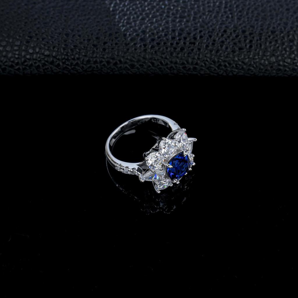 Sterling Silver Sapphire Halo Diamond Ring - Elegant Women's Luxury Jewelry