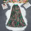Vintage Floral Print Pleated A-Line Midi Skirt for Women High-Waist Designer Casual Office Long Half Skirt QT2953
