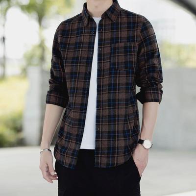 Retro Dark Plaid Long-Sleeve Men's Bottoming Shirt