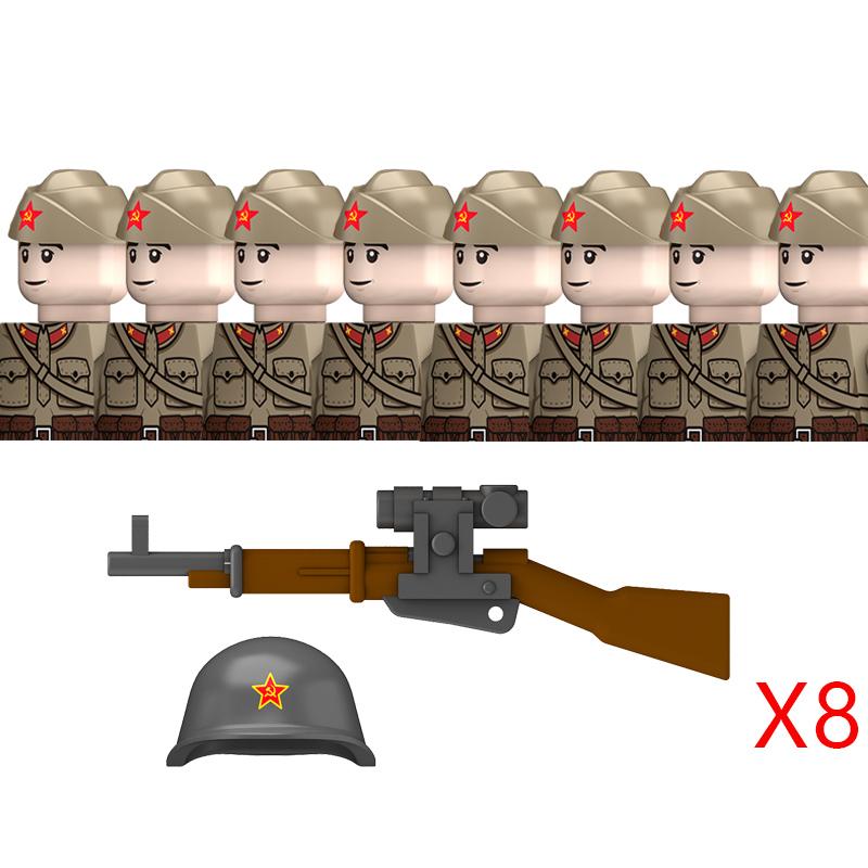 Non-Toxic Military Ww2 Soviet M35 Uniform Figures Building Blocks Russia Army Infantry Boat Hat Steel Helmet Pps Weapons Bricks Toys Kids