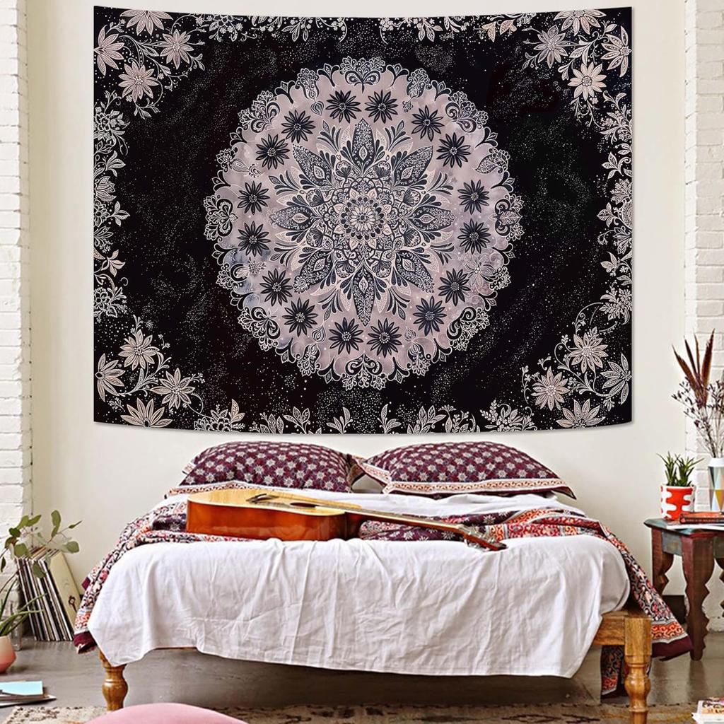 Boho Floral Mandala Tapestry Wall Hanging Grey Bohemian Flower Medallion Tapestry Aesthetic Gray Black Hippie Indian Small