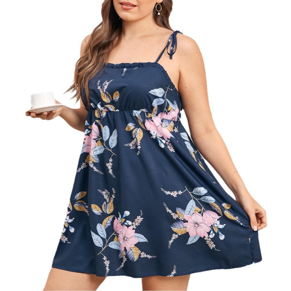 Sommer Große Größe Nachthemd Damen Homewear Nachthemden Bedruckte Neckholder Kleider Vorne Midi Plissee Kurzen Rock