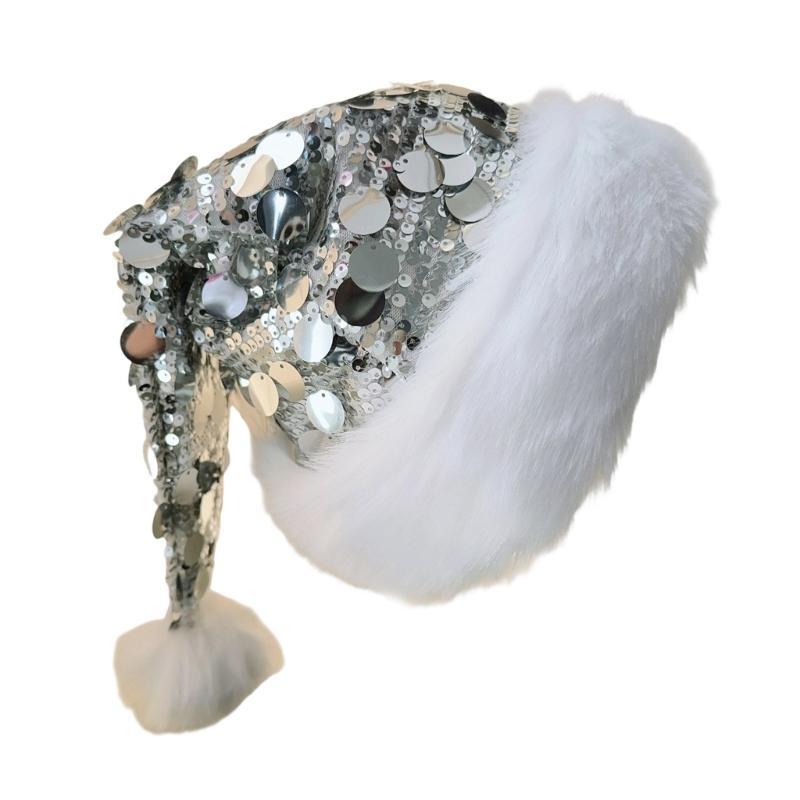 Adult Christmas Hats Santa Cap with Glitter Sequins and Plush Trim for Christmas Tree Toppers Festival Party Accessory серебряный