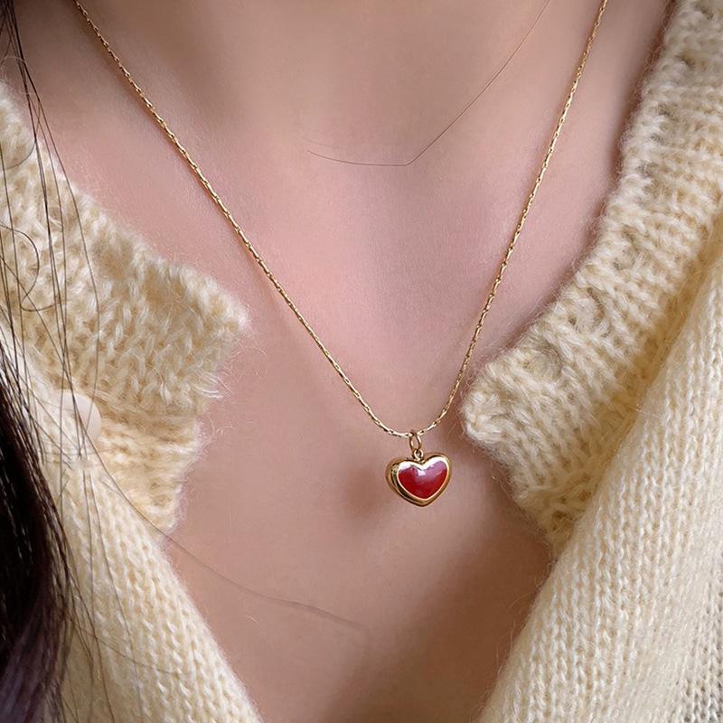 Süße romantische rote Emaille-Halsketten mit Herz-Anhänger für Frauen, vergoldet, dünne Schlangenkette, Choker, Großhandel 2024
