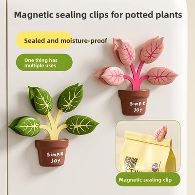 Green Plant Potting Magnetic Closure Clips for Food Sealing Kitchen Refrigerator Stickers Moisture-proof and Freshness-preserving Snack Clips