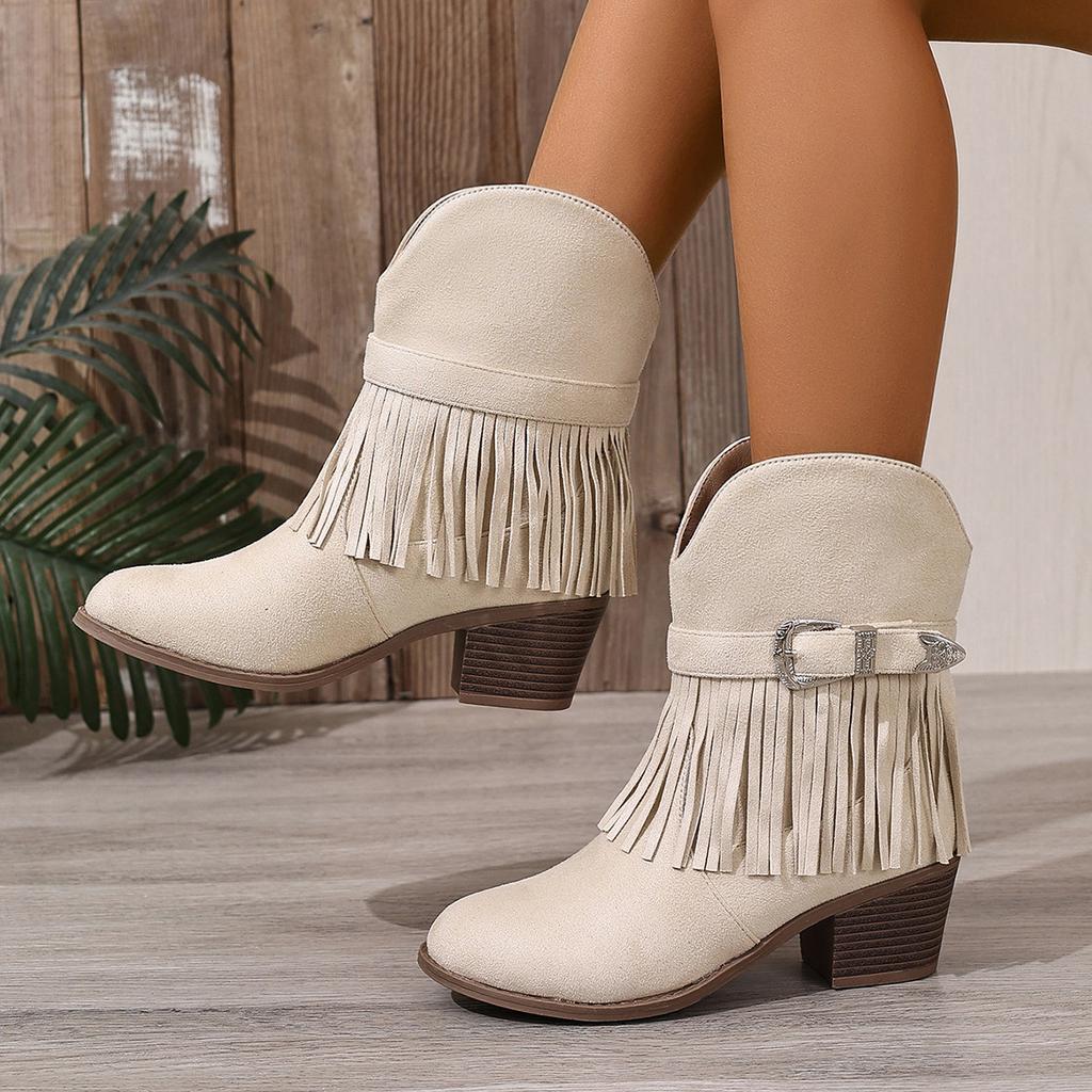 European and American tassel belt buckle western boots, low-heeled suede medium tube women's boots, thick-soled knight boots