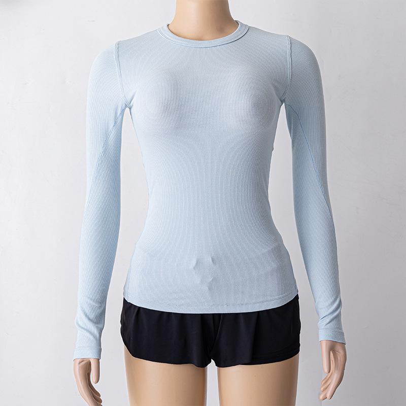 

Женская спортивная футболка из модала с длинным рукавом в рубчик — дышащая, облегающая, на осень/зиму Size 6 (55~60 kg) прозрачный/синий