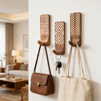 3Pcs Thickened Pure Wood Wall Hooks with Metal Reinforcements Heavy Duty Coat Backpack Hangers Home Decor