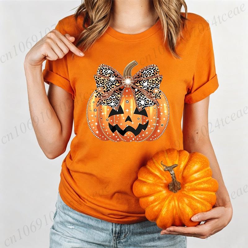 T-Shirt for Women Scary Pumpkin Head Graphic Tops Leopard Evil Pumpkin Face Halloween Print Tee Shirts Y2K Aesthetic Streetwear