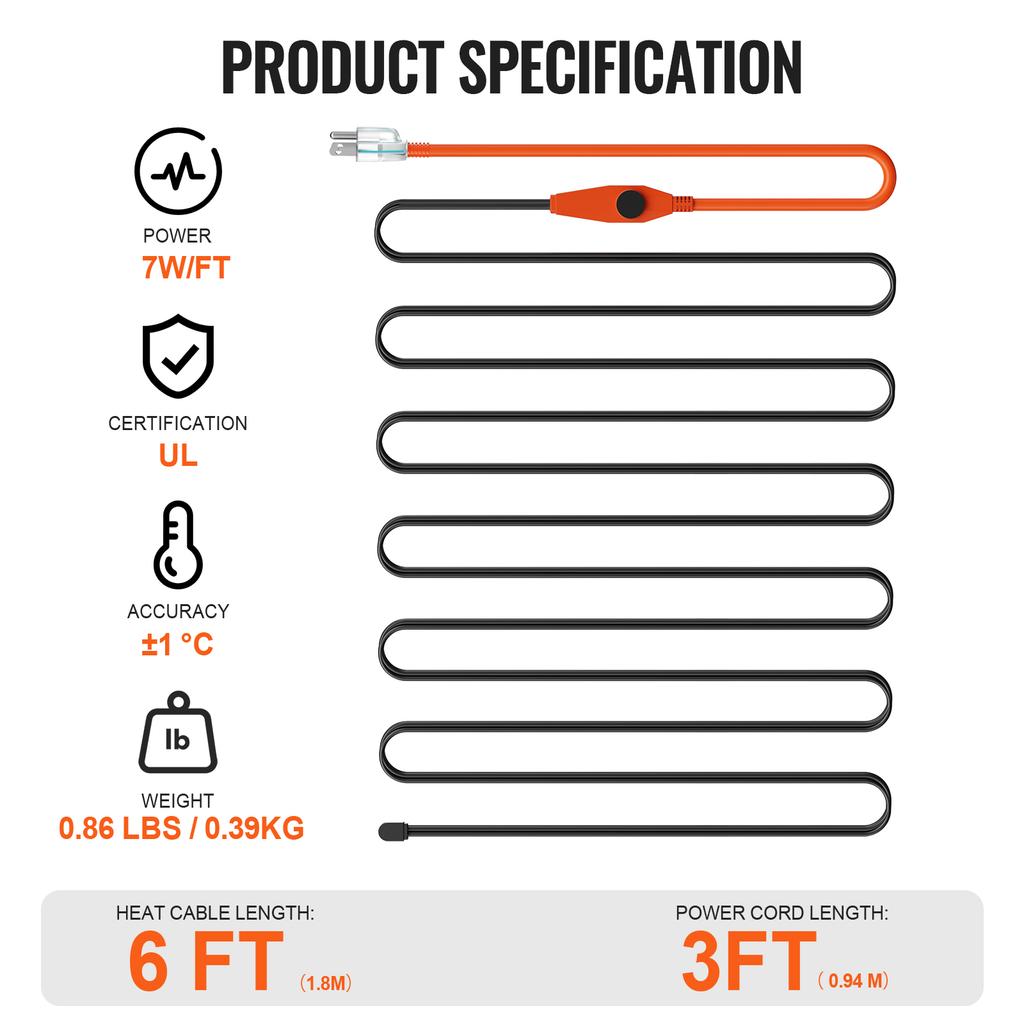 SucceBuy Pipe Heating Cable 24FT/30FT/12FT/18FT 6FT Heat Tape Pipe Heat Cable Protects PVC Hose Metal Plastic Pipe from Freezing