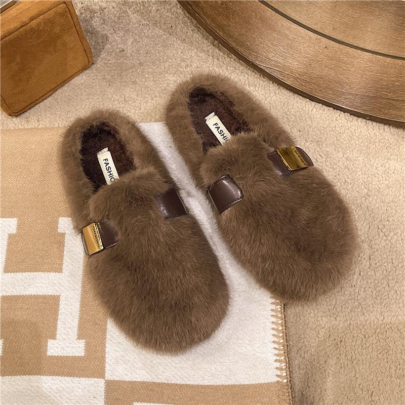 Flat-bottomed bag head fluffy slippers for women's outer wear 2025 new autumn and winter advanced sense one-pedal plush bag head cotton slippers