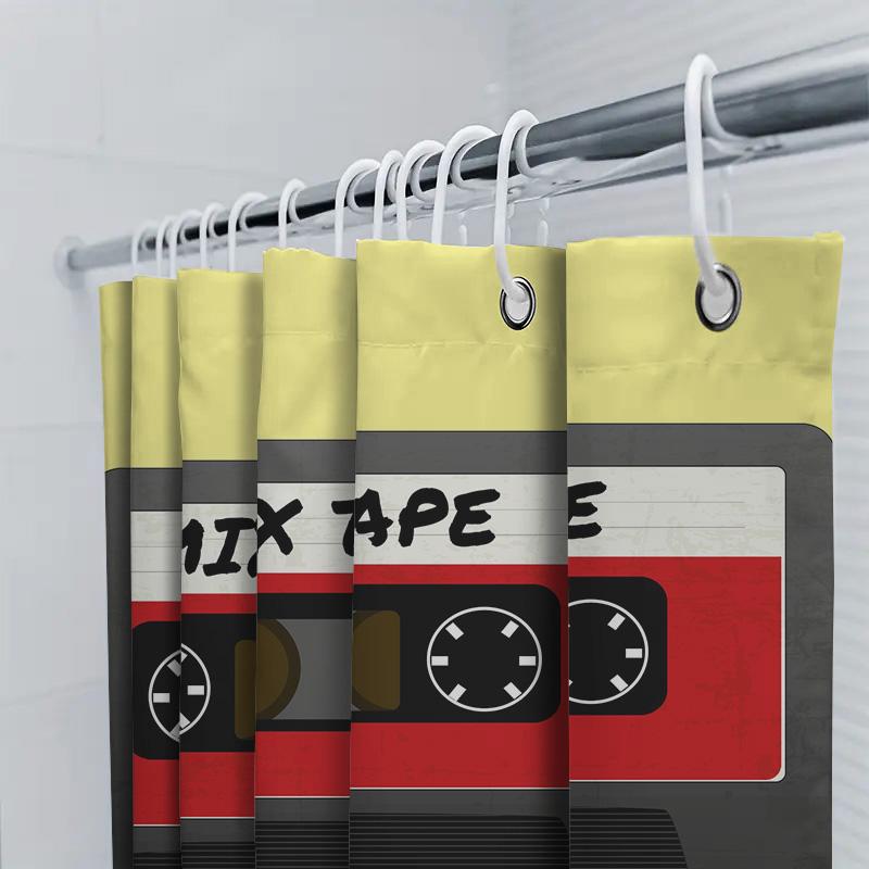Retro Mix Tape Duschvorhang Gelb Rot 80er Jahre Stil Audio Kassette Dekor für Badezimmer