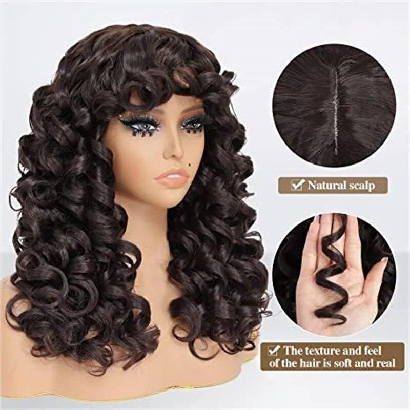 Long Deep Curly Synthetic Hair Replacement Wig with Bangs Big Curly Wigs for Black Women 20 Inch Kinky Curly Wig For Daily Use