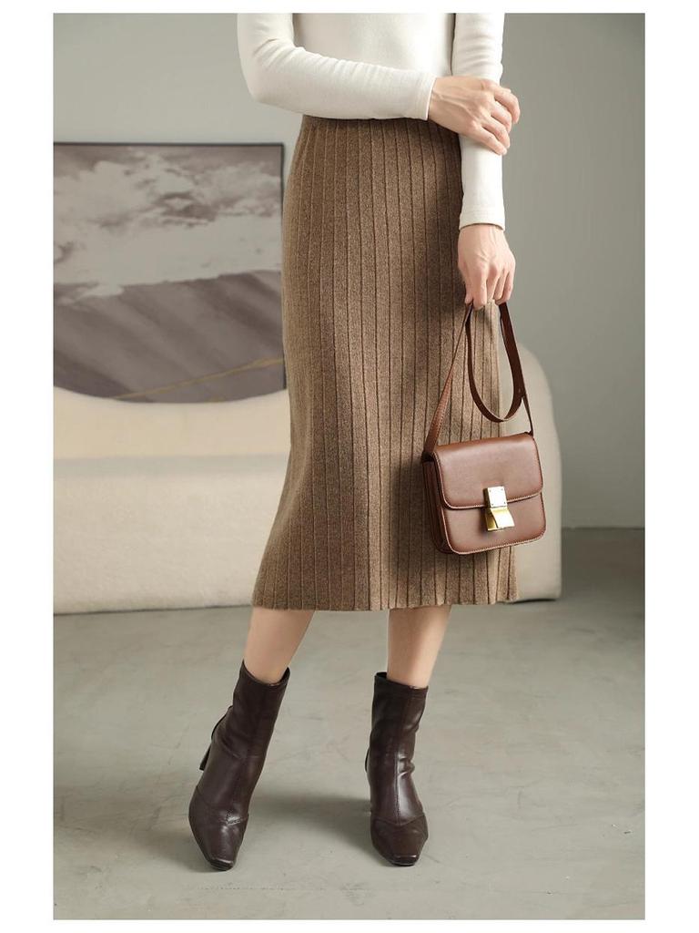 Women's Slim Fit Vertical Stripe Wool Midi Skirt - Versatile Cashmere Knit
