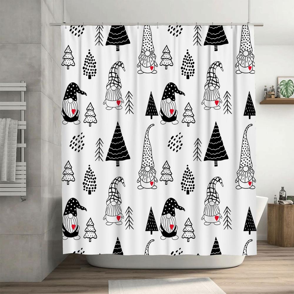 Modern Nordic Christmas-Themed Bathroom Shower Curtain Featuring Black And White Woodland Gnomes With Red Hearts For A Festive T