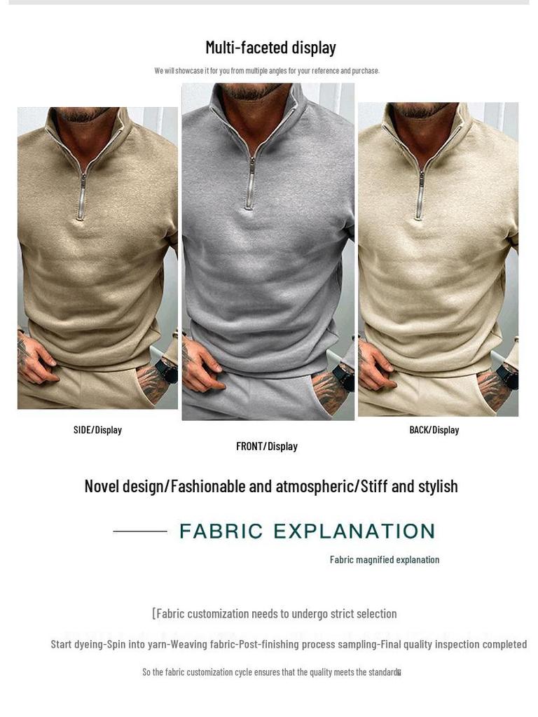 Men's Casual Fleece-lined Half-Zip Stand Collar Sweatshirt