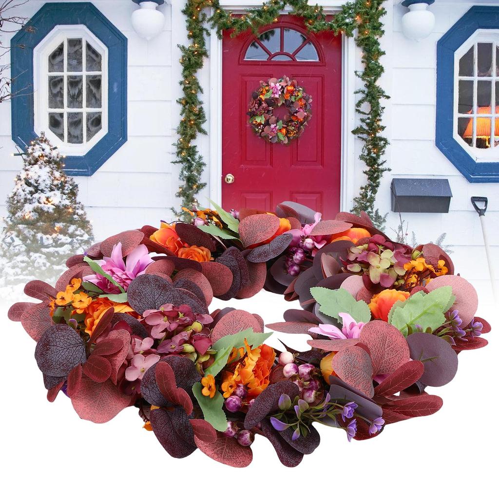 Artificial Wreath Vibrant Colors Retro Simulated Autumn Wreath with Flowers Leaves for Front Door Courtyard Wedding Decoration