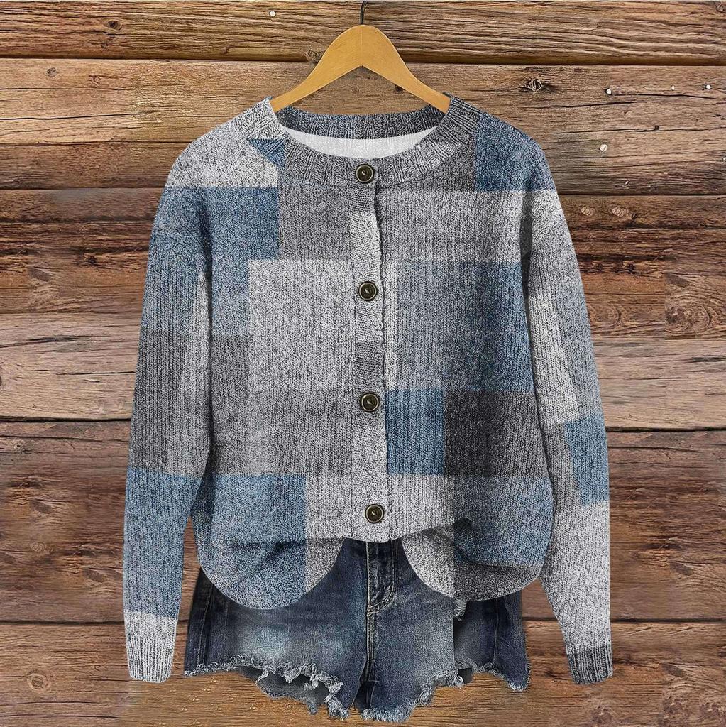 Women's Vintage Knit Button Retro Geometric Print Cardigan Jacket