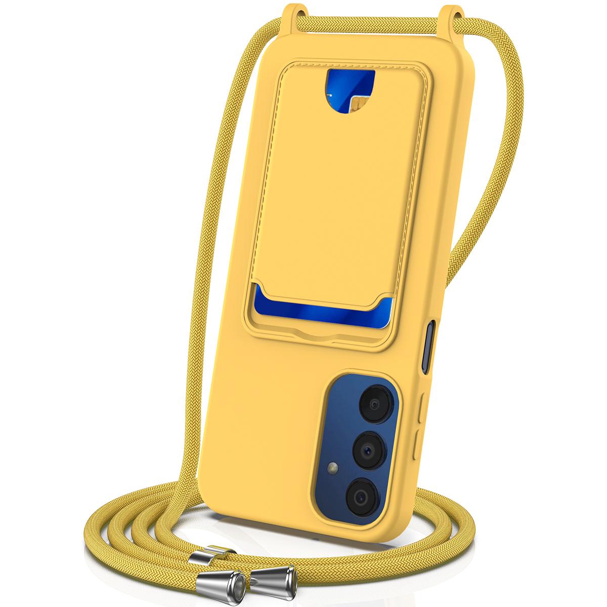 

For Samsung Galaxy M14 4G Liquid Silicone Case with Card Holder and Lanyard Back Phone Cover Yellow
