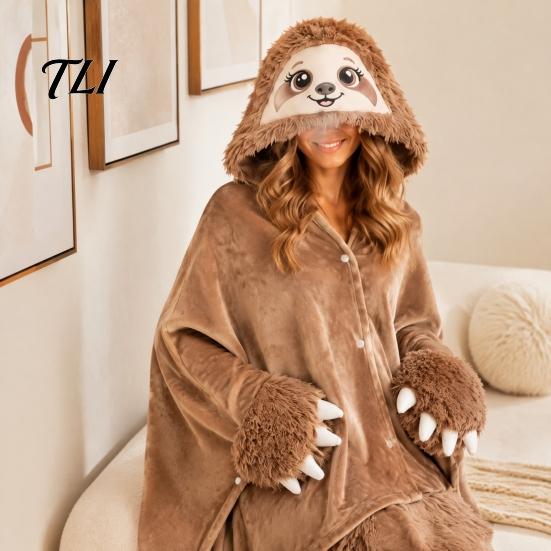 Damen Halloween Kostüm Tier Tragbare Decke Hoodie für Damen, Übergroßer Flanell Pullover Knopfleiste Decke, Cosplay Umhang Nachtwäsche Winter