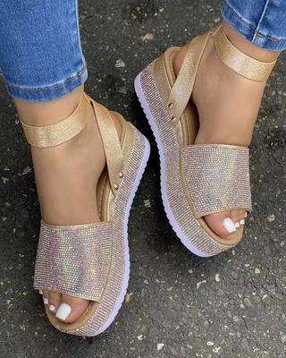 Fashion Platform Sandals Wedges Women's 2024 Trend Shoes Summer Woman Elegant Heels Fashion Party Dress Stylish Girls Black Rhinestone