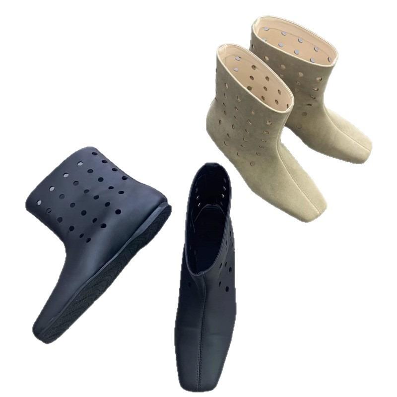 Sheepskin version~ Design sense net boots leather wide tube hole western boots women's retro hollow breathable Maillard cool boots