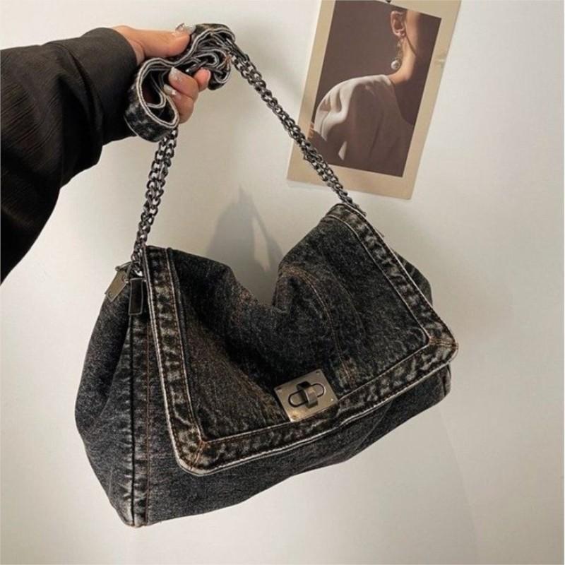 Harajuku Vintage Denim Tote Bag Women Casual Commute Large Capacity Shoulder Bag Ladies Versatile Chain Crossbody Bag