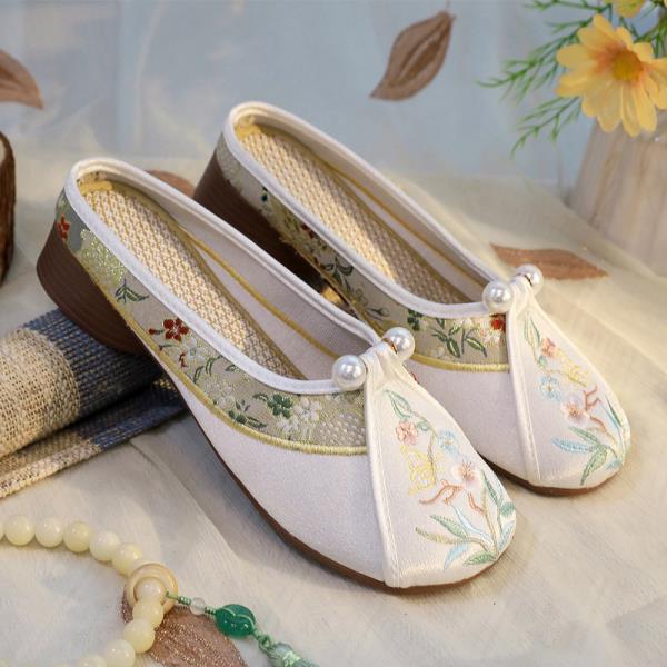 Fashion Home Slippers Women's Square Heel Loafers Slides Cover Toe Massage Block Floral Fabric Embroider Square Toe Block Heel Shoes Loa