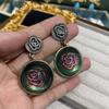 Xiaoxiangfeng Camellia Old Green Color Round Earrings, Copper Plated Real Gold S Antique Earrings