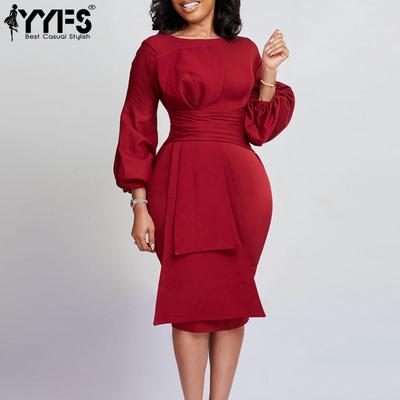 Women's Fashion Spring Fall Solid Color Print Long Sleeve O-Neck High Waist Casual Dresses