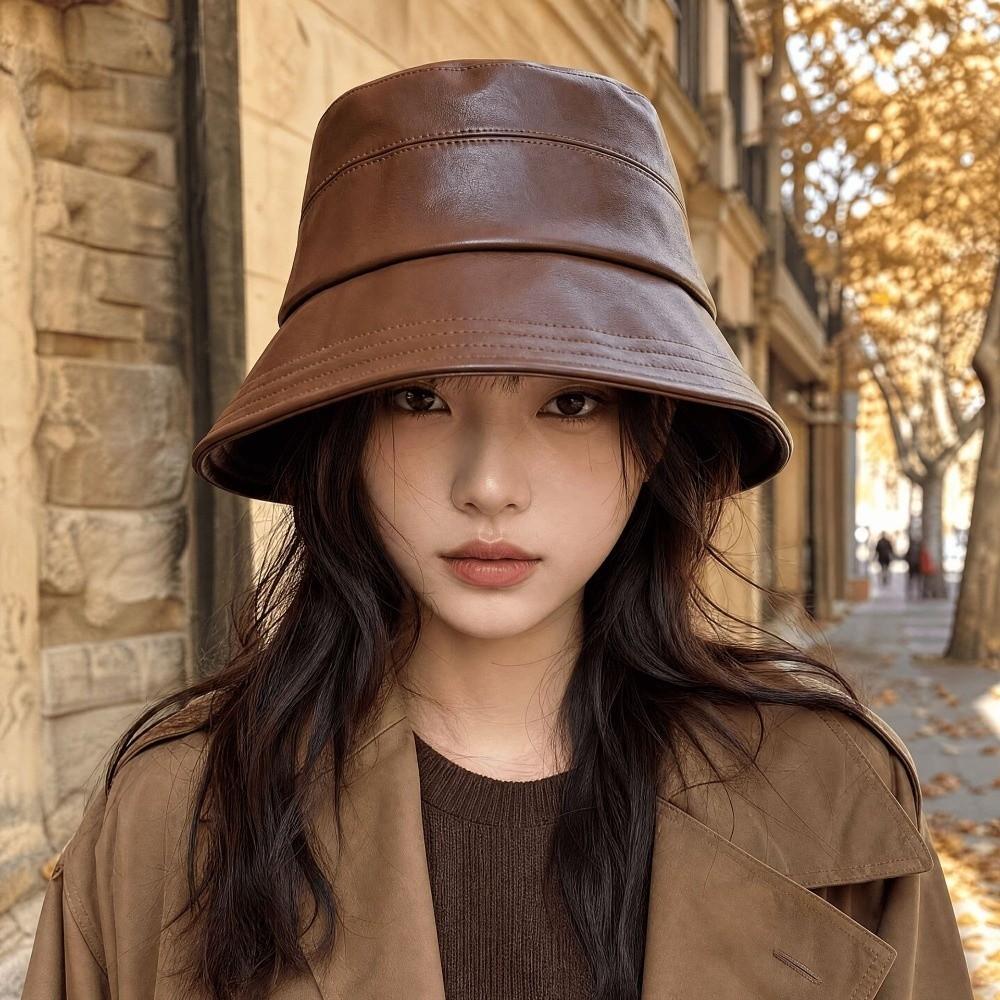 Solid Color Wide Brim Hat Lightweight PU Leather Hat Casual Sun Bucket Hat  Outdoor