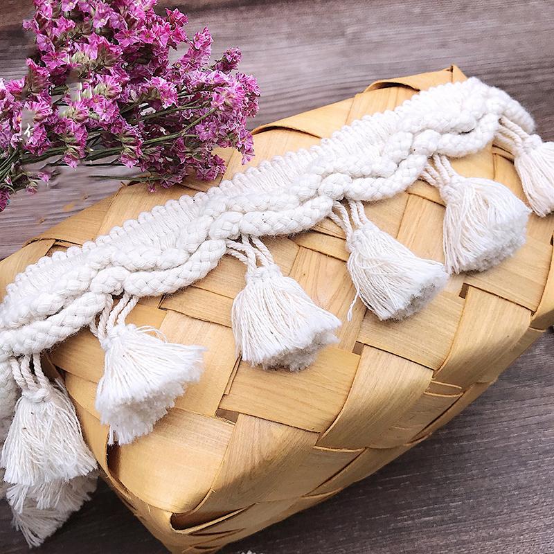 1 Yard White Cotton Tassel Lace Trim Webbing Fabric Handmade Beaded Ball Diy Curtain Clothing Sewing Craft Accessory