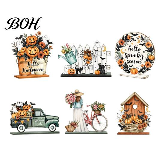 Solid Base Wooden Signs 6Pcs Halloween Decors, Hello Table Topper Signs, Spooky Pumpkin Ghost Truck Indoor Scene Props Tiered Tray Centerpiece,
