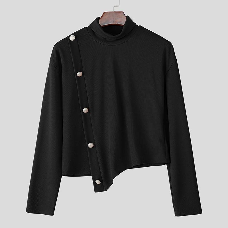 

INCERUN Autumn Men High Neck Long Sleeve Cropped Irregular Rib Pullover Tops L чёрный