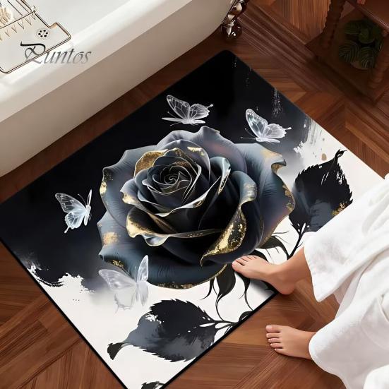 Floral Bathroom Rug 3D Rose Realistic And Butterflies Floor Mat Soft Absorbent Bath Non-Slip for Entrance Kitchen Bedroom Living Room
