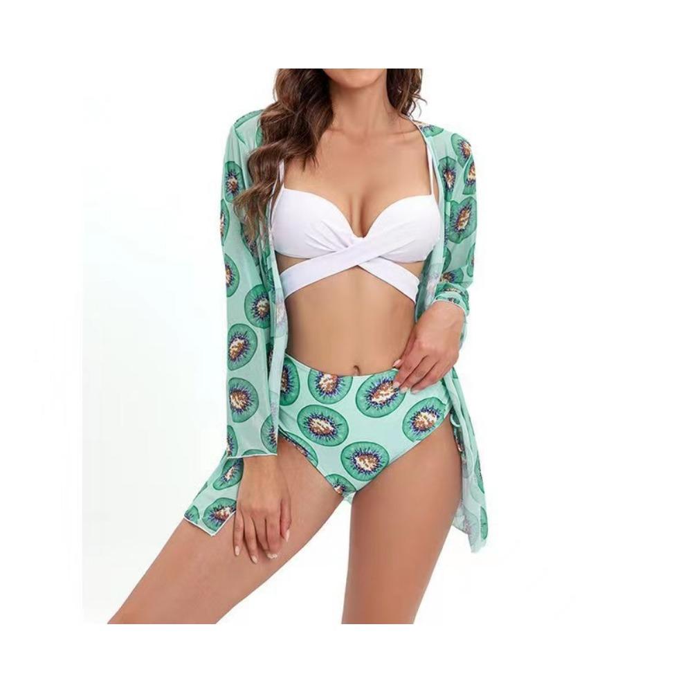 European and American Bikini Sexy Push Up Mesh Three-Piece Printed Split Swimsuit