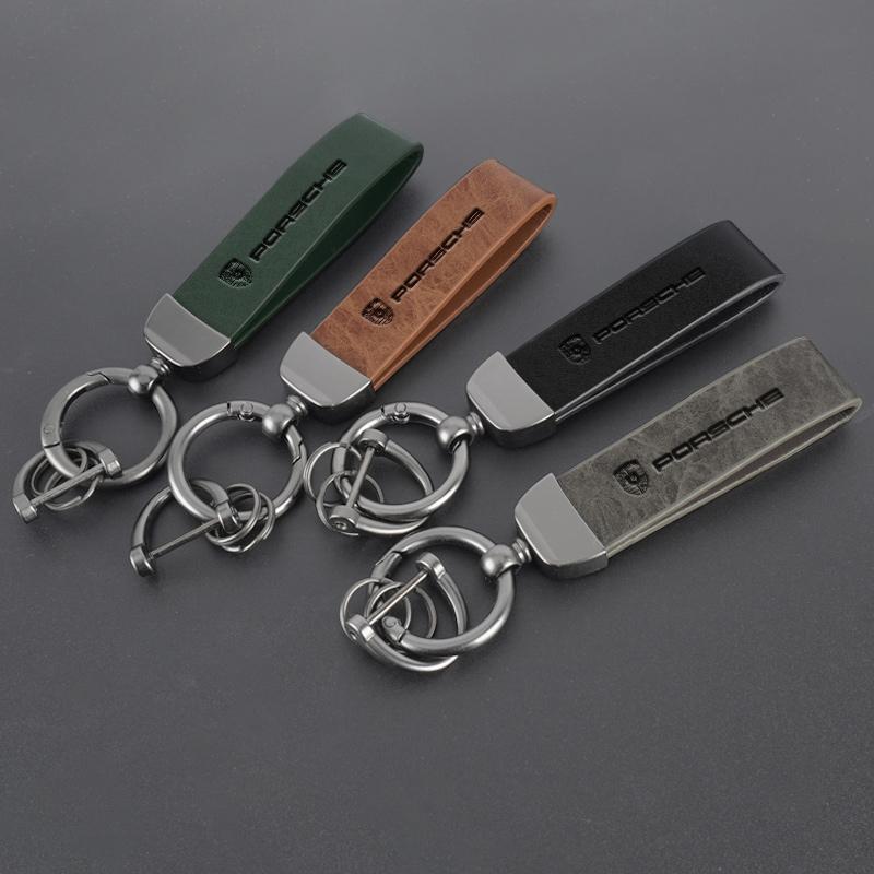 Leather KeychainFor Porsche Cayenne Panamera Macan 911 Taycan Boxster Cayman 918 Pajun Car Logo Key Chain Pendant Key Holder