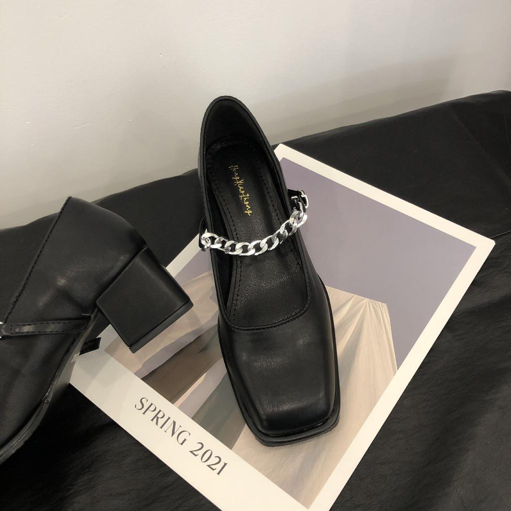 Coarse Heel French Evening Breeze Retro Square Head Mary Jane Single Shoes Women's Shoes 2025 New Black Commuter Work Shoes
